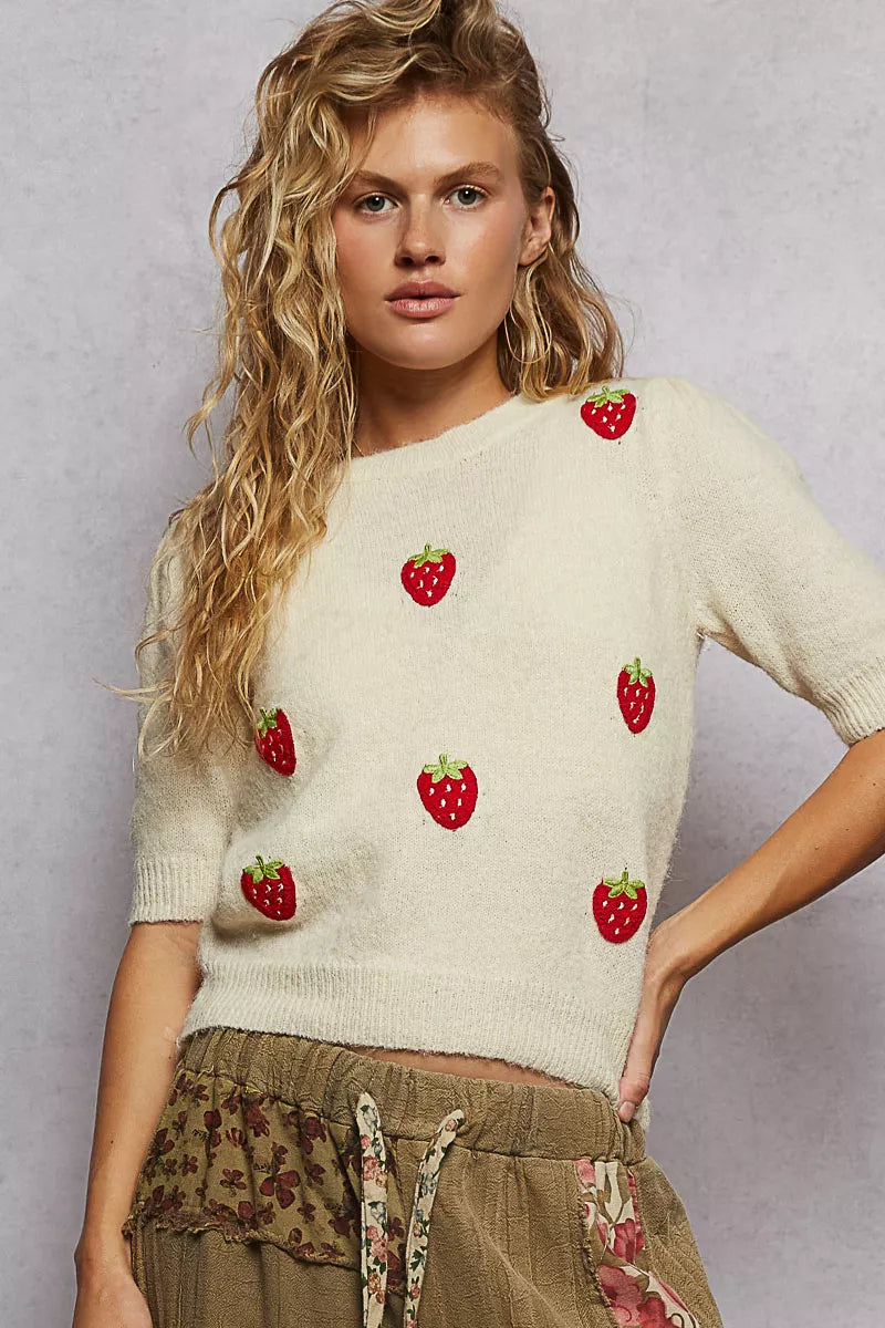 POL Cream knit cropped sweater with half sleeves and red strawberry patches