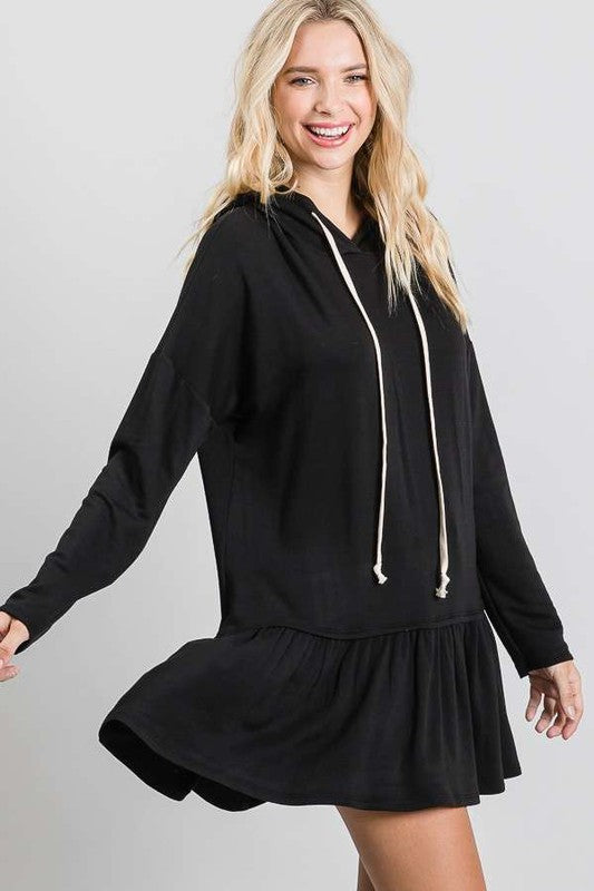 Full Time Fun Ruffled Hem Hooded Tunic Top