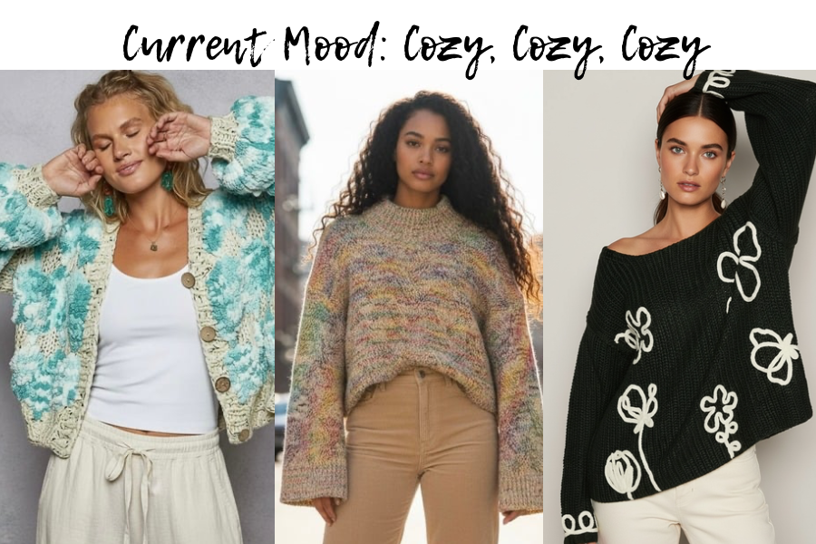 Shop cozy sweaters – soft knit cardigans and pullovers in aqua, beige rainbow, and dark forest green