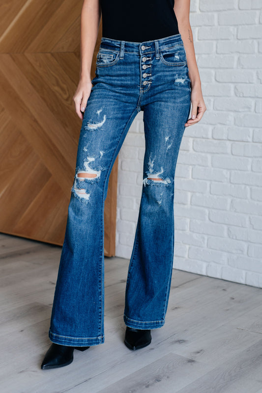 Date Night Button Fly Distressed Flares (1/25 to 24)