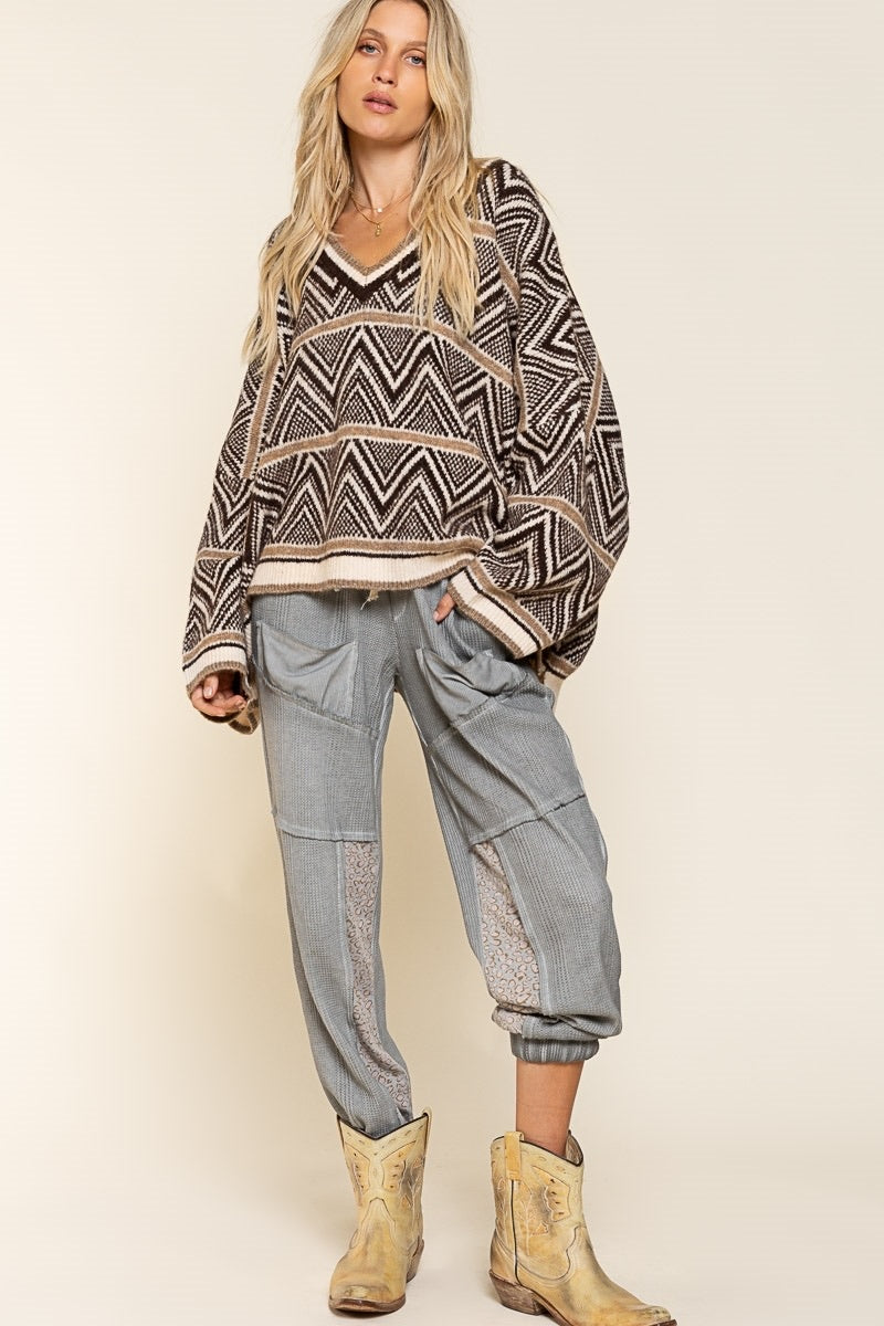 Desert Child Aztec Patterned V Neck Sweater