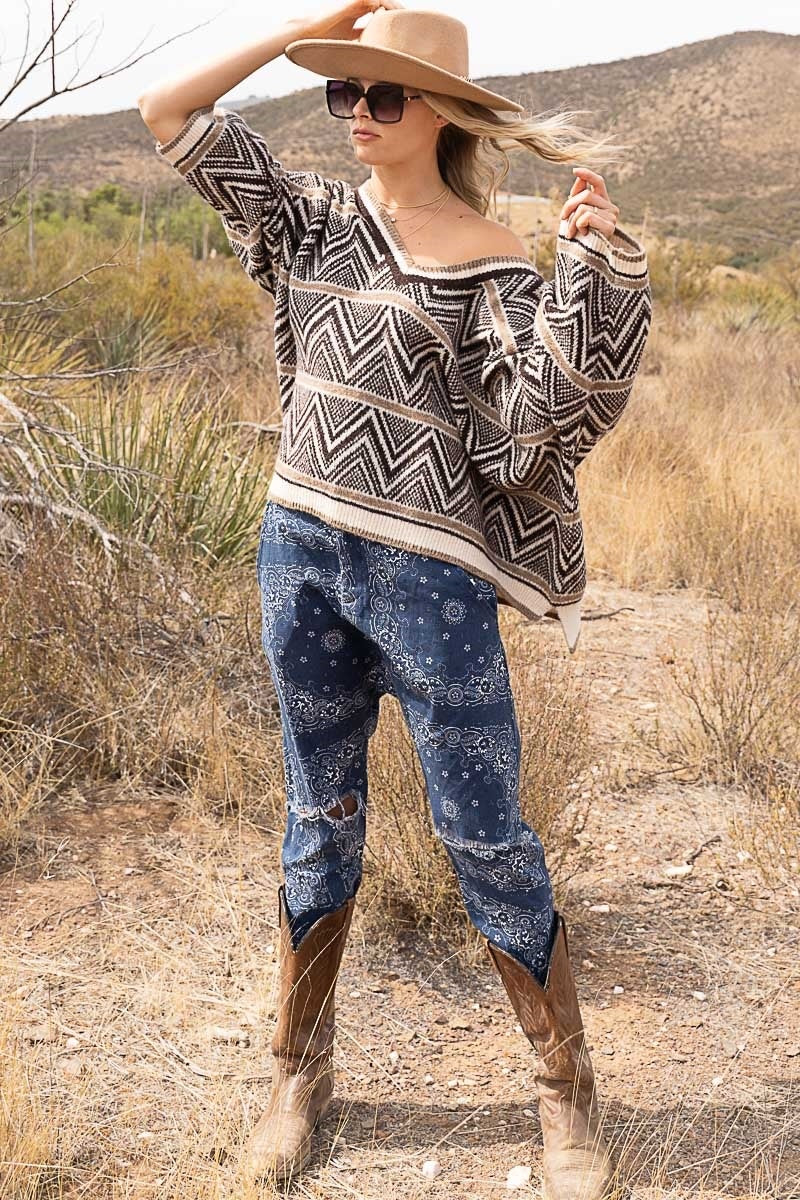 Desert Child Aztec Patterned V Neck Sweater