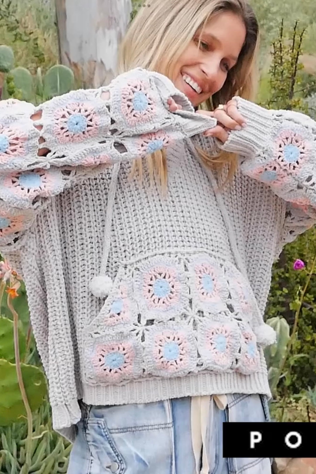 It Girl Hand Crochet Sleeve Pom Pom Tie Hoodie Sweater