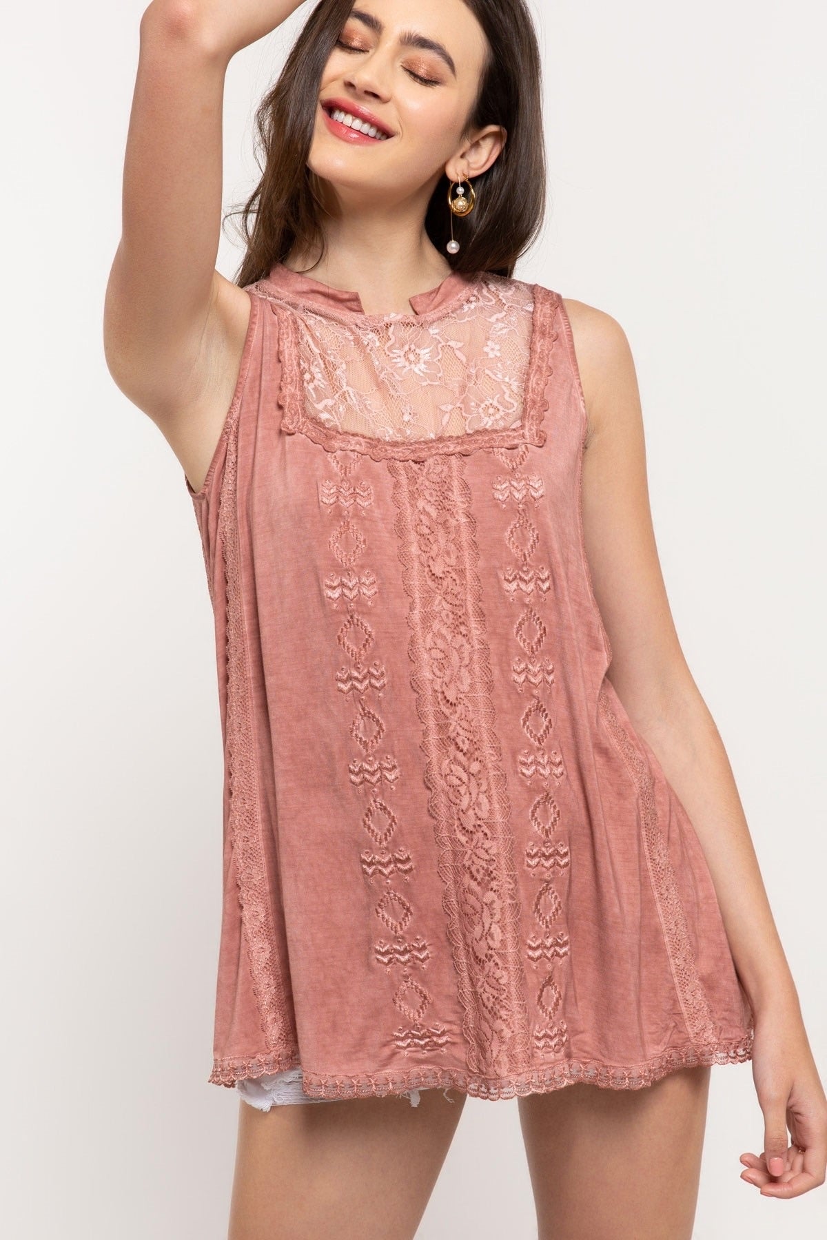 Suncatcher Mock-Neck Embroidered + Lace Sleeveless Rayon Jersey Top