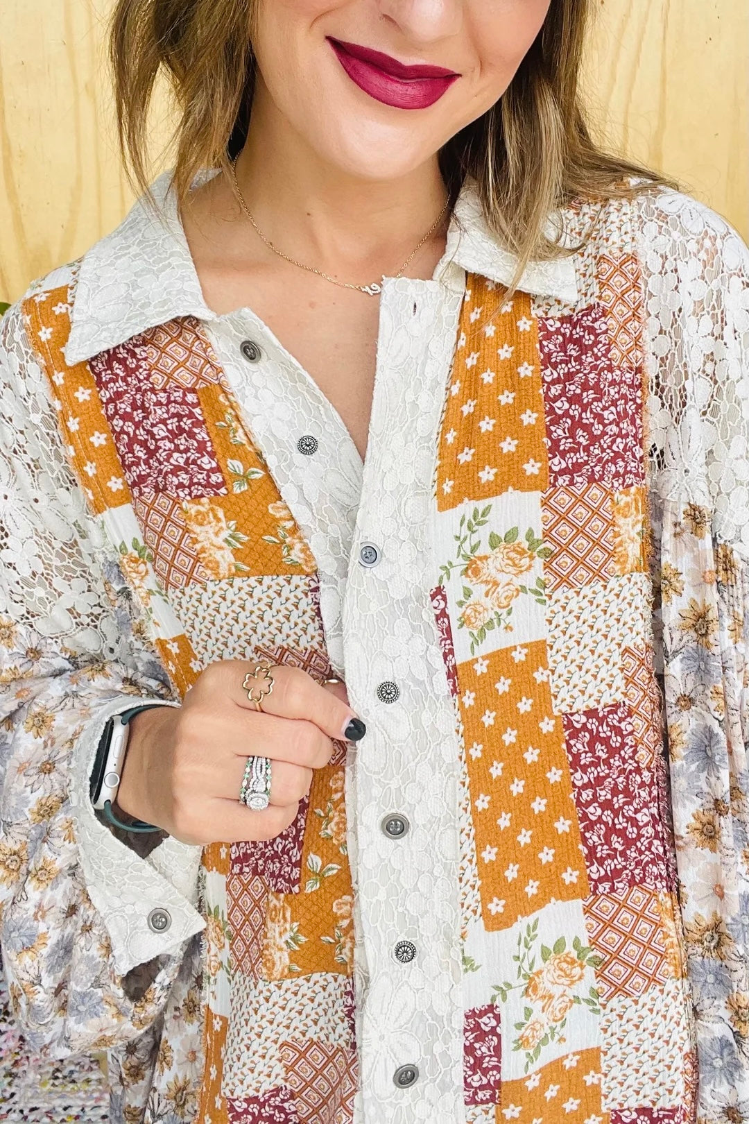 Golden Hour Caramel Floral + Lace Patchwork Button Down Shirt