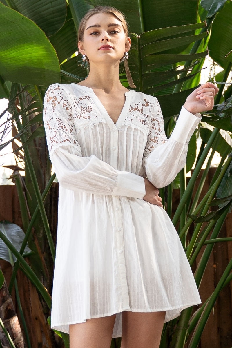 Show Stopper Lace + Pleats Long Sleeve Button Down