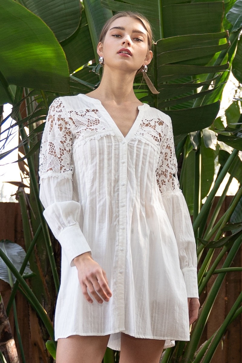 Show Stopper Lace + Pleats Long Sleeve Button Down