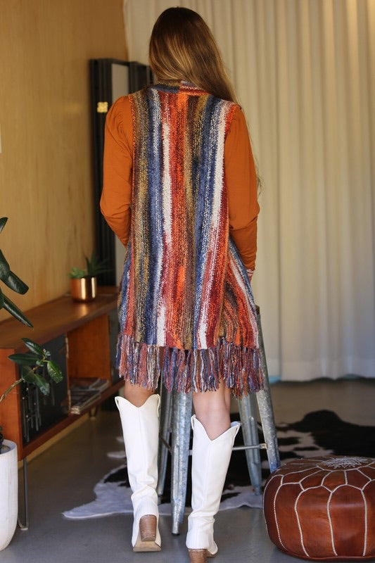 Indio Color Blend Sweater Long Vest With Fringe