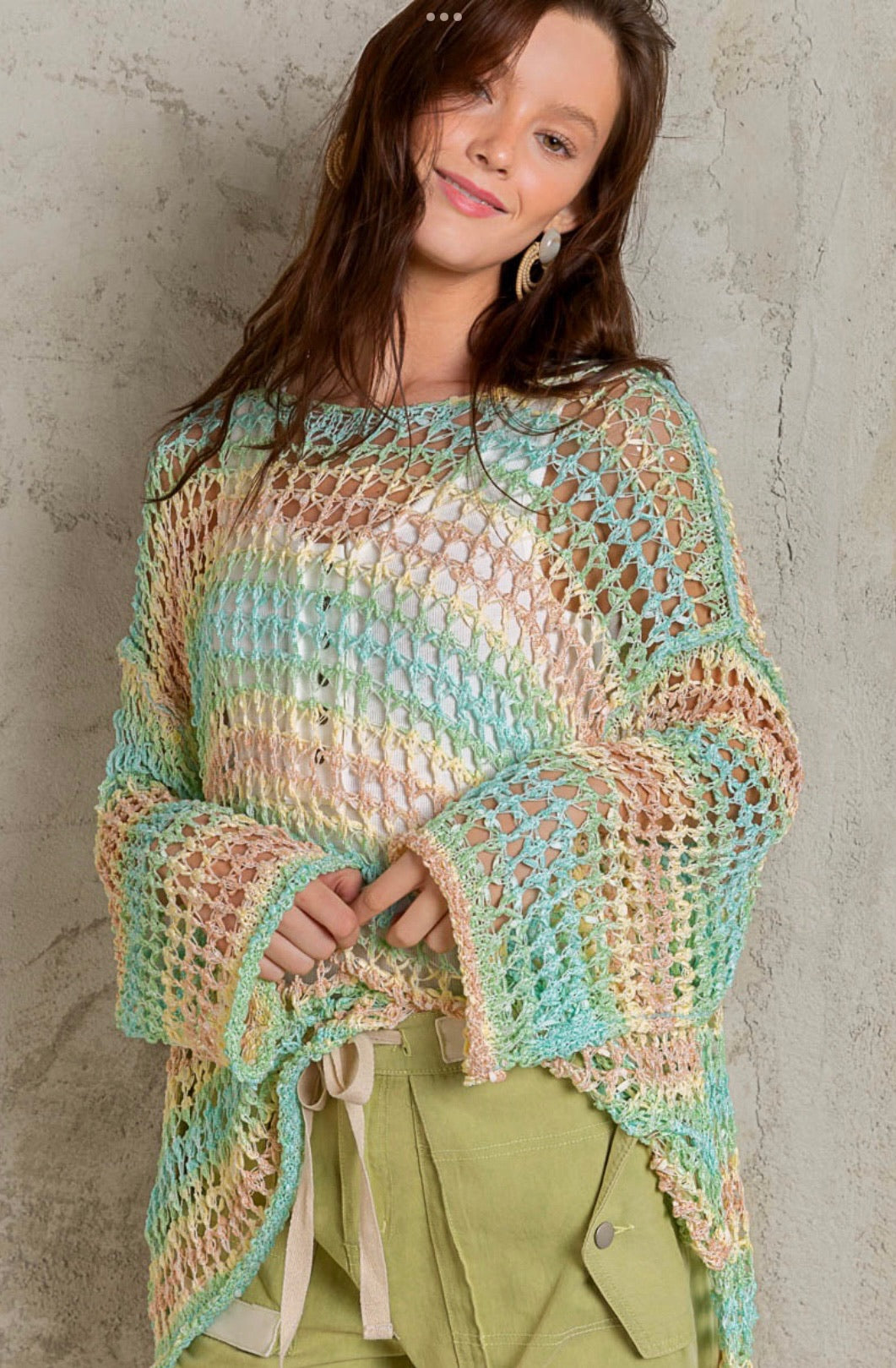 Tropical Twist Stripped Open Knit Slouchy Fishermans Sweater