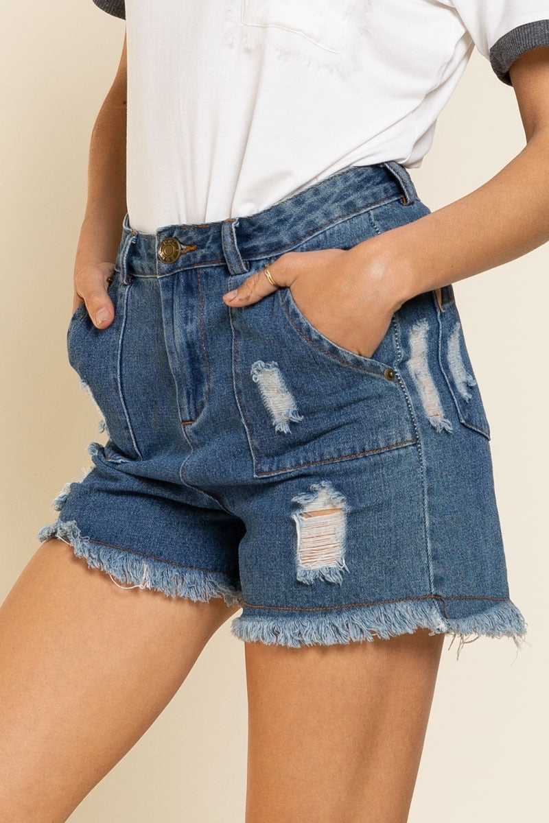 Wild Honey Distressed Fringe Hem Denim Shorts