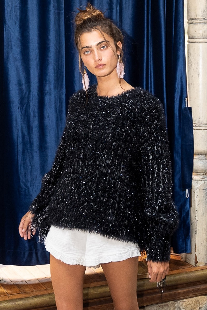 POL Black Sparkly Eyelash Knit Sweater | Fringe Sleeves – xoxo, klowe