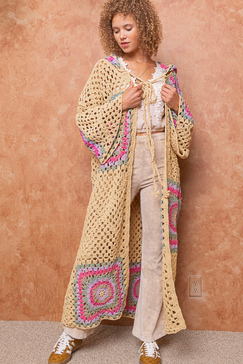 Boho Dreams Crochet Afgan Chenille Midi Cardigan