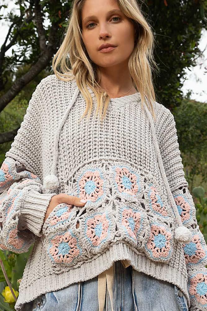 It Girl Hand Crochet Sleeve Pom Pom Tie Hoodie Sweater