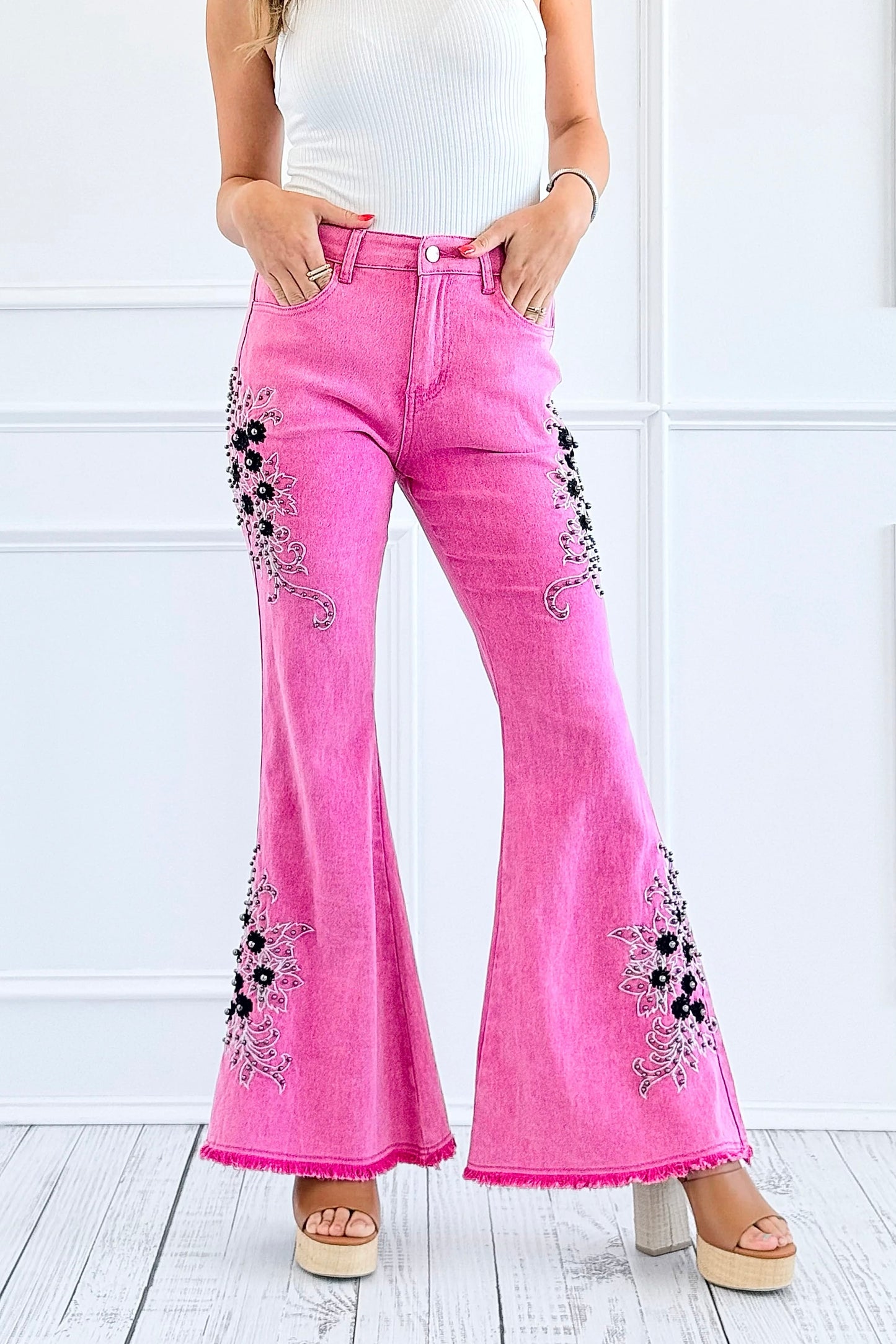 Wild At Heart Retro 90s Embroidered + Embellished Flares (2 Colors)