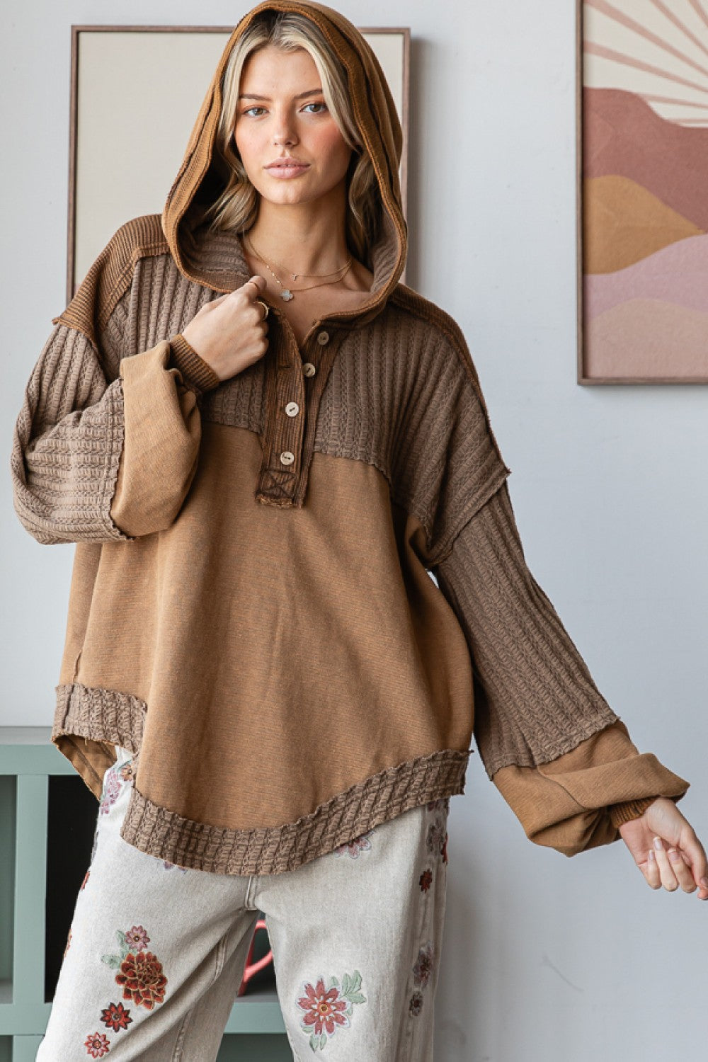 Watch Party Two Tone Hooded Henley Pullover