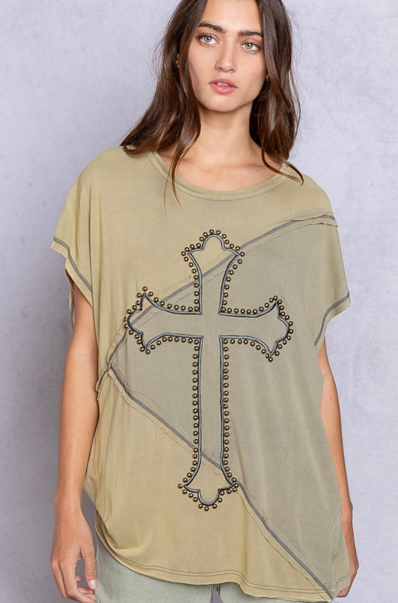 Embellished Faith Embroidered and Studded Two Tone Short Sleeve Top
