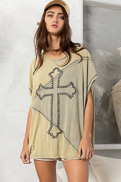 Embellished Faith Embroidered and Studded Two Tone Short Sleeve Top