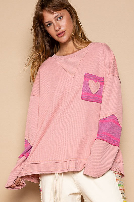 This Love Heart Patch Slouchy Thermal Knit Top