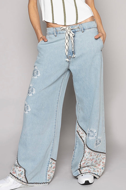 Dancin’ To My Own Beat Floral Patched + Embroidered Drawstring Jeans