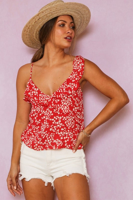 Late July Ditzy Floral Ruffle V Neck Sleeveless Camisole Top