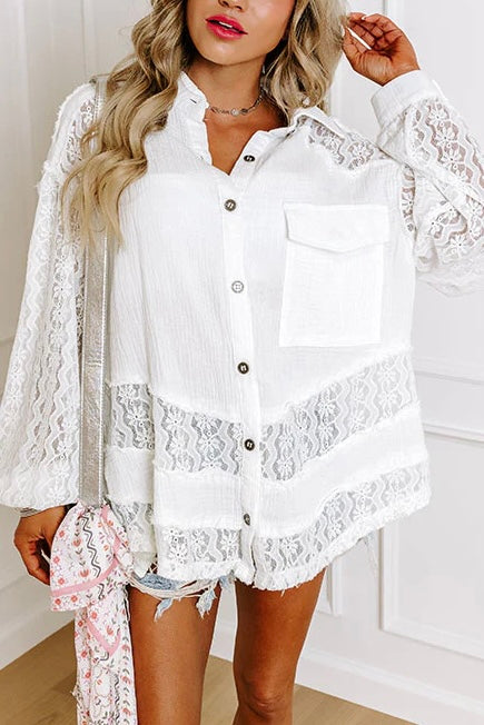 Beach Haven Cotton + Floral Lace Lightweight Button Down Shirt