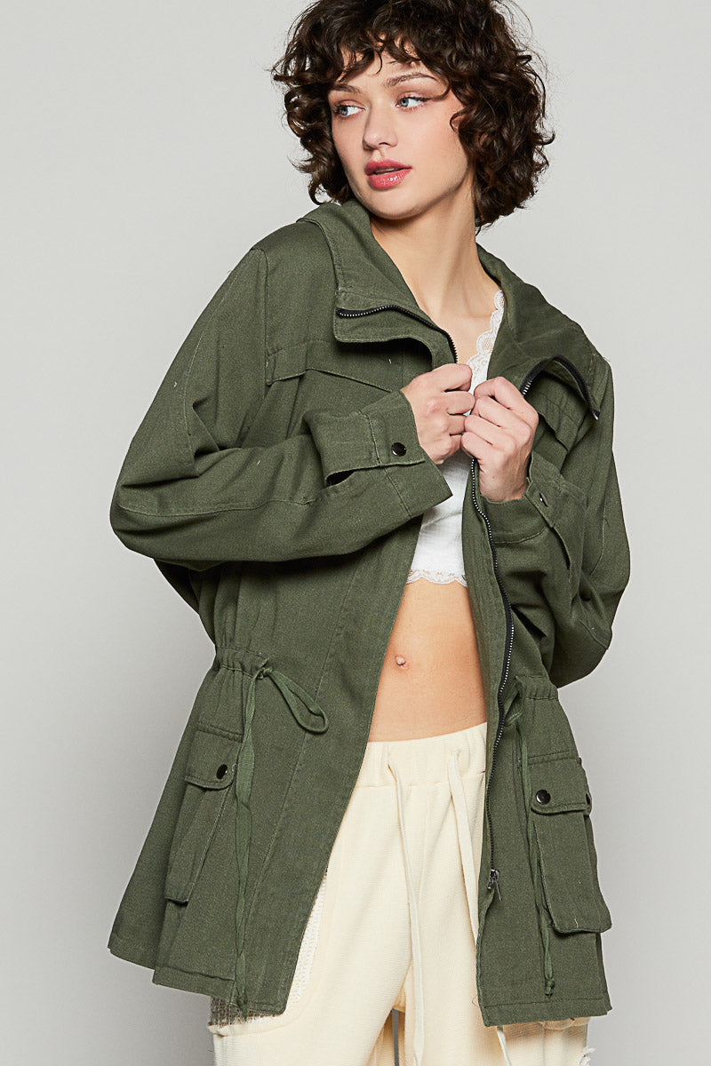 Role Call Lightweight Zip Up Tie Waist Twill Jacket