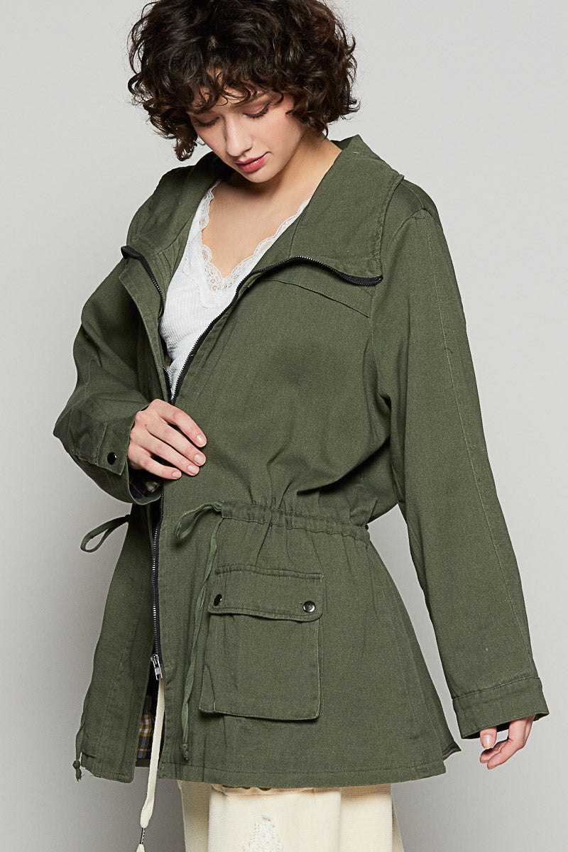 Role Call Lightweight Zip Up Tie Waist Twill Jacket