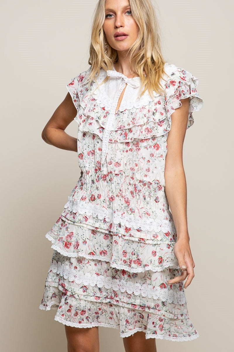 Coquette Jardin Dainty Floral Short Sleeve Ruffle Tiered Mini Dress