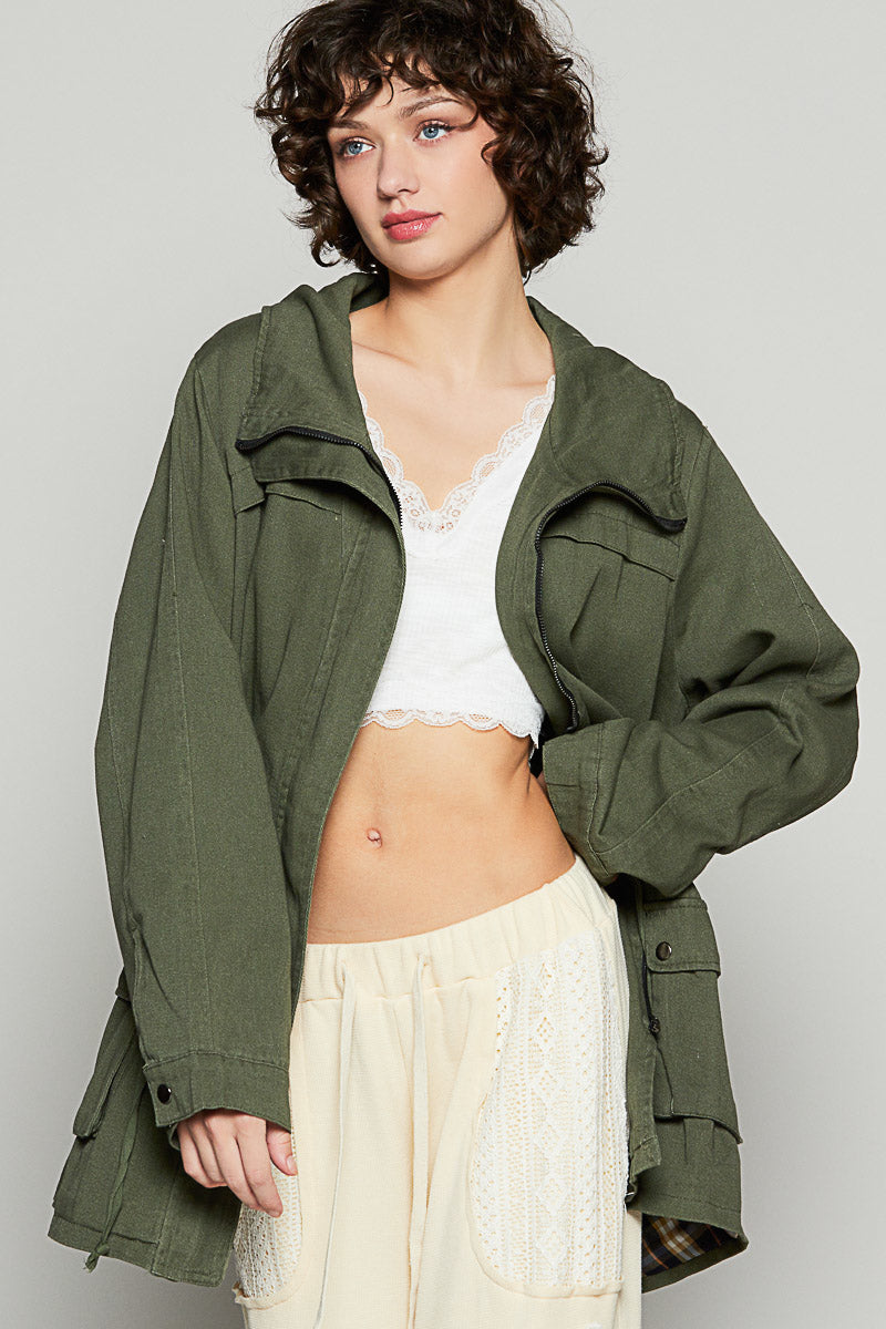 Role Call Lightweight Zip Up Tie Waist Twill Jacket