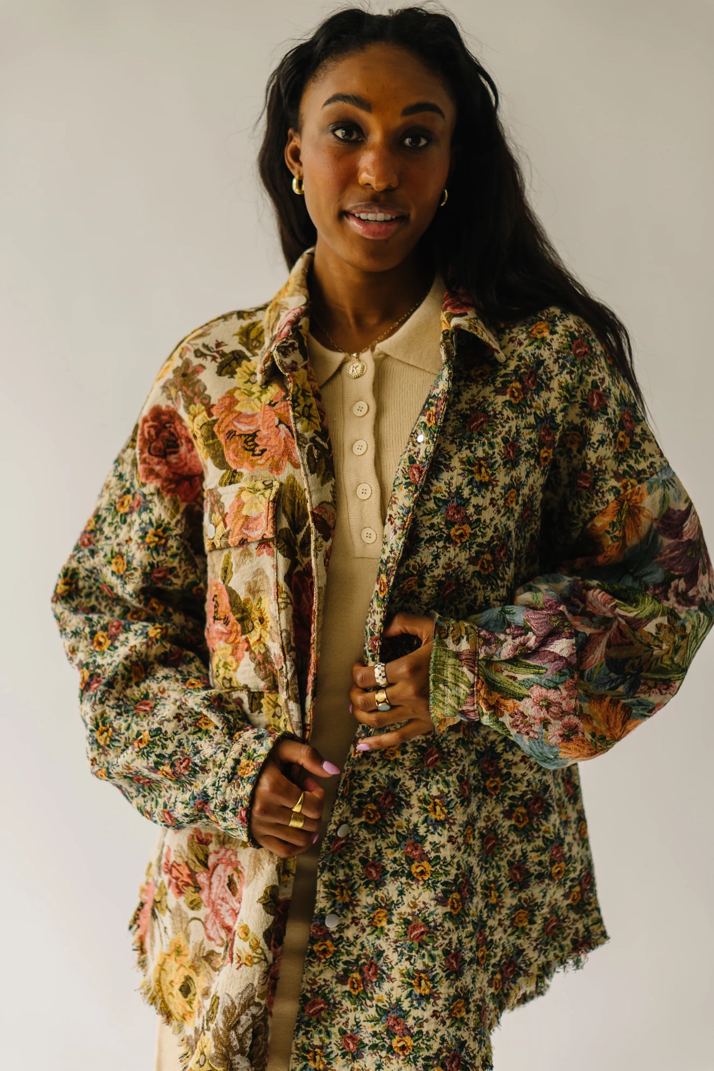 My Vintage Romance Mixed Floral Jacquard Button Down