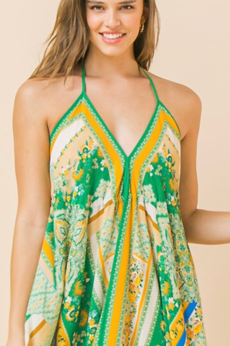 Back At It Patch Print Hanky Hem Halter Dress