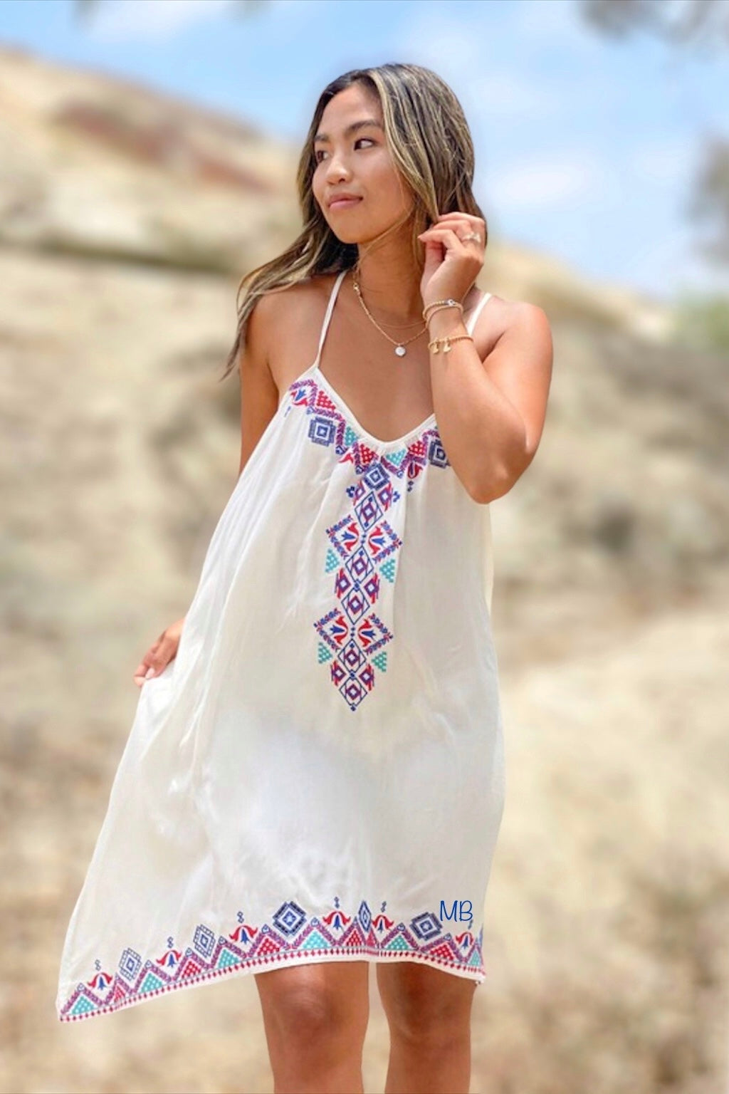 Lavalette Aztec Embroidered Sleeveless V Neck Rayon Tunic Dress
