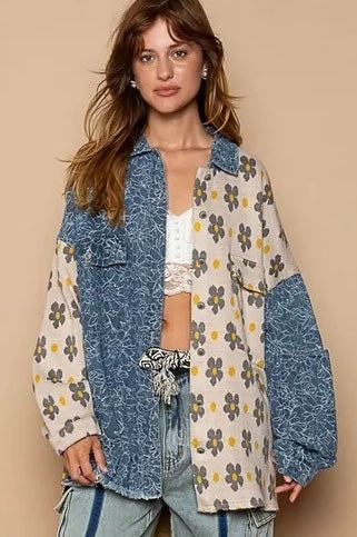 Patchwork denim button down shirt with textured floral panels and daisy print knit, loose fit boho top for retro layering outfits.