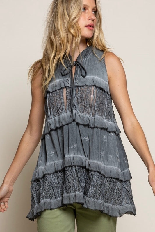 True To Size Relaxed Fit Self Tie Collared Neck Split V Neckline Sleeveless Floral Lace Panels Ruffle Detail Shimmering Floral Embroidery on the 3rd Tier Charcoal Color is Hand Dip Dyed
