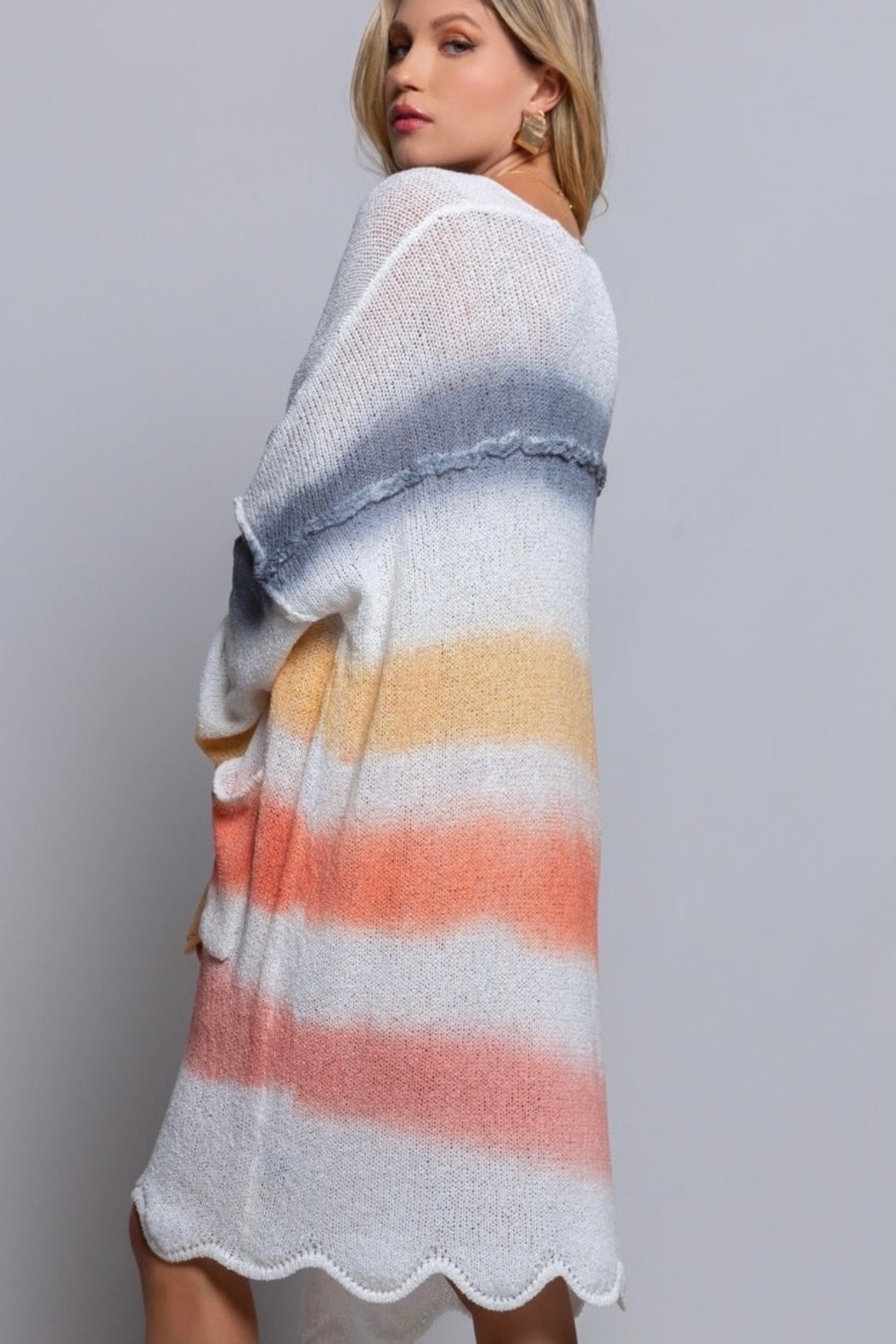 Chasing Sunsets Striped Transitional Knit Scalloped Cardigan