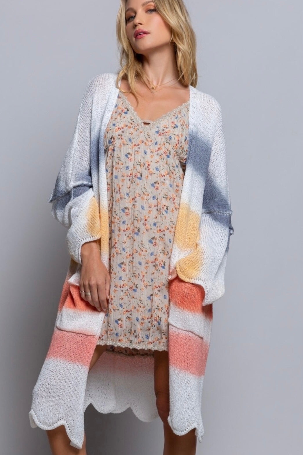 Chasing Sunsets Striped Transitional Knit Scalloped Cardigan