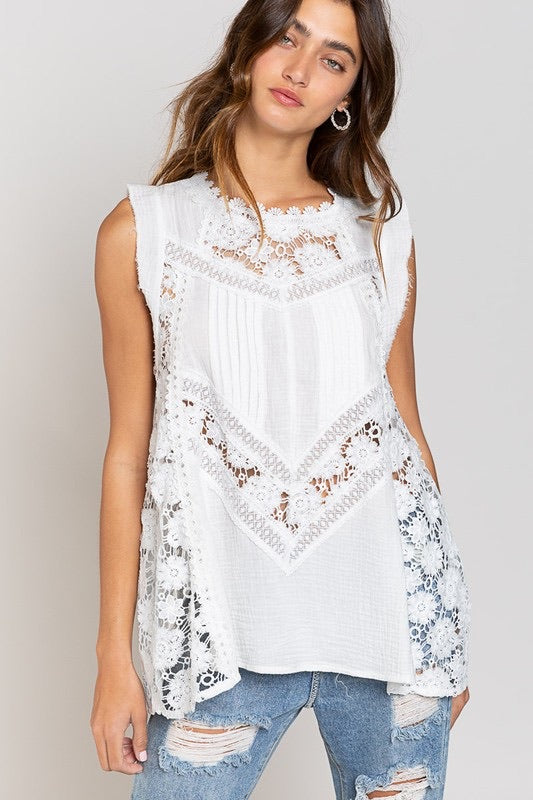 Bal Harbor Floral Lace + Cotton Gauze Sleeveless Tunic Top
