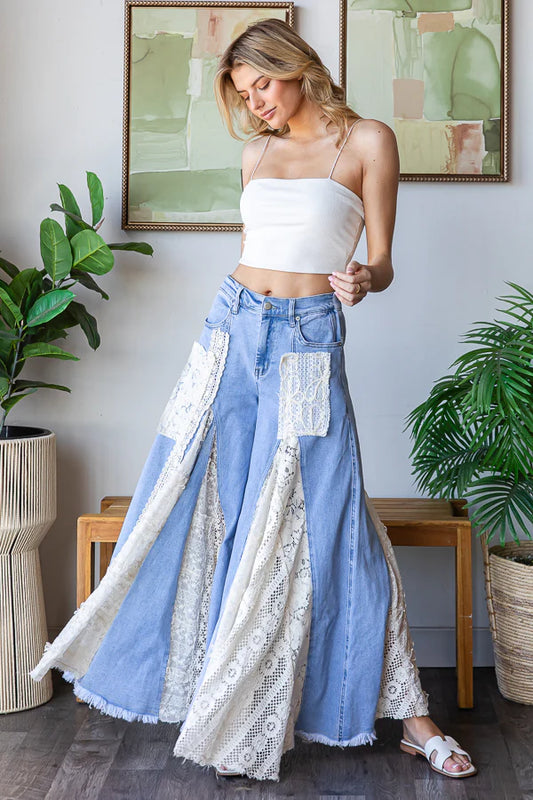 Great Escape Lace Pieced Exaggerated Wide Leg Jeans