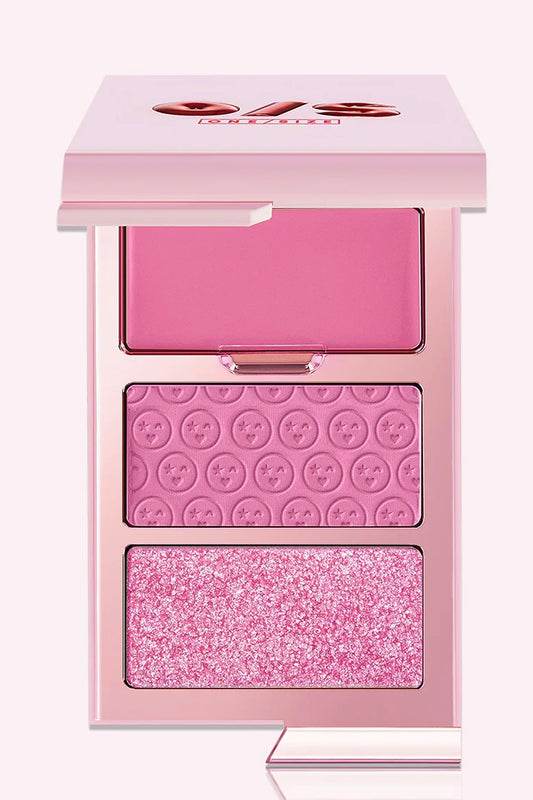 Monochromatic blush trio palette in Attention Seeker with cream, matte, and shimmer textures for a buildable 3D blush finish.