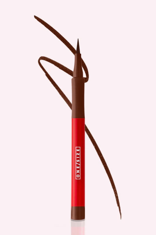 One/Size matte liquid eyeliner in Busty Brown with precision felt-tip applicator and waterproof, smudge-proof formula.