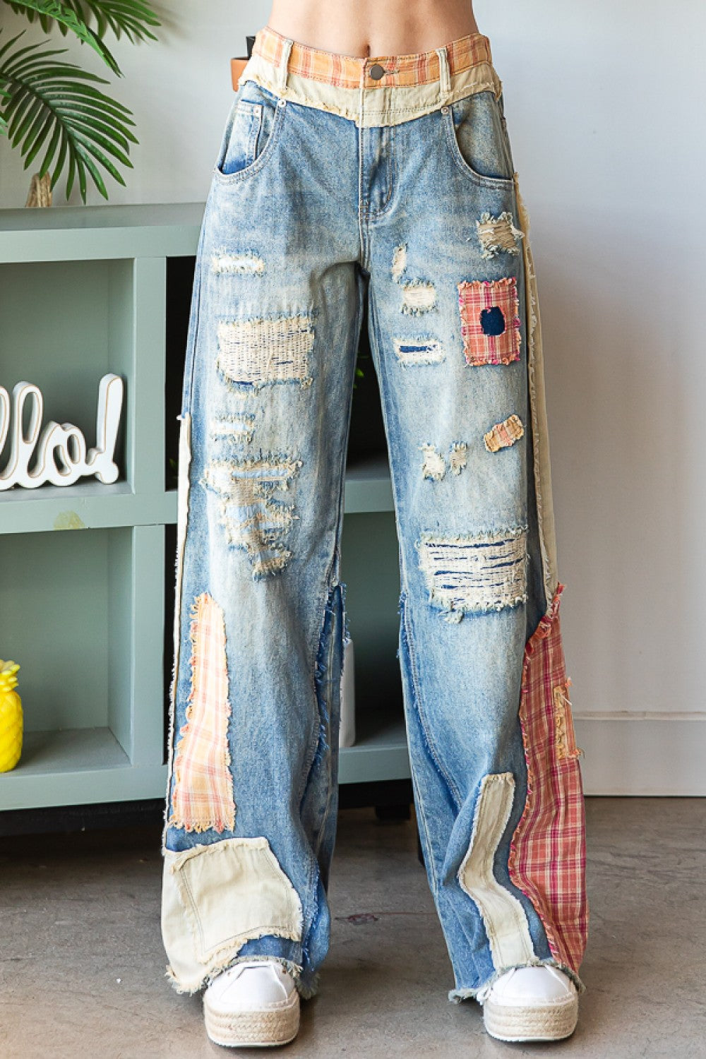 Oli & Hali Plaid Patchwork Wide Leg Jeans Relaxed Fit Mineral Washed Distressed