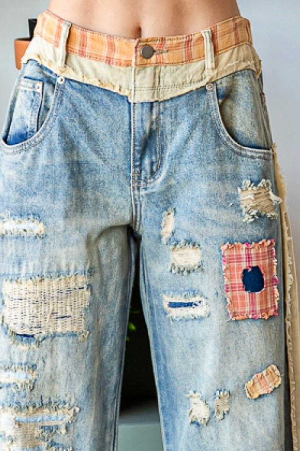Americana Plaid Patchwork Mineral Washed Wide Leg Jeans