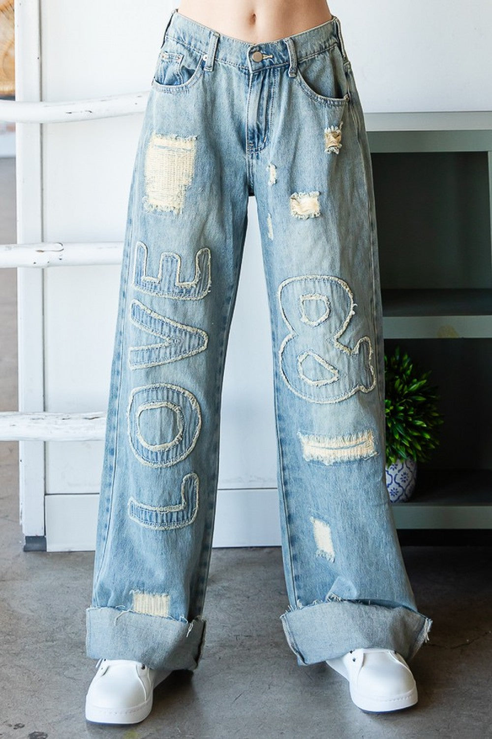 Oli & Hali Love Patch Washed Wide Leg Jeans Relaxed Fit Distressed