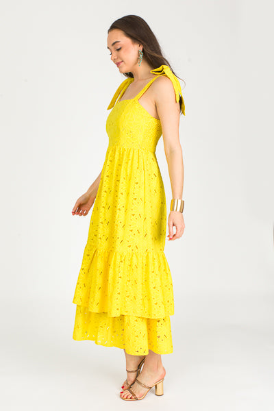 Palmer Floral Eyelet Double Ruffle Midi Dress