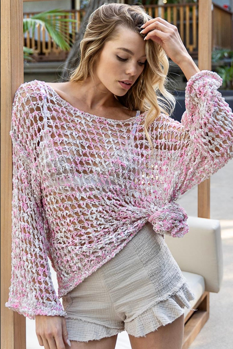 Better Together 2 Tone Pink + Beige Fishnet Open Knit Sweater