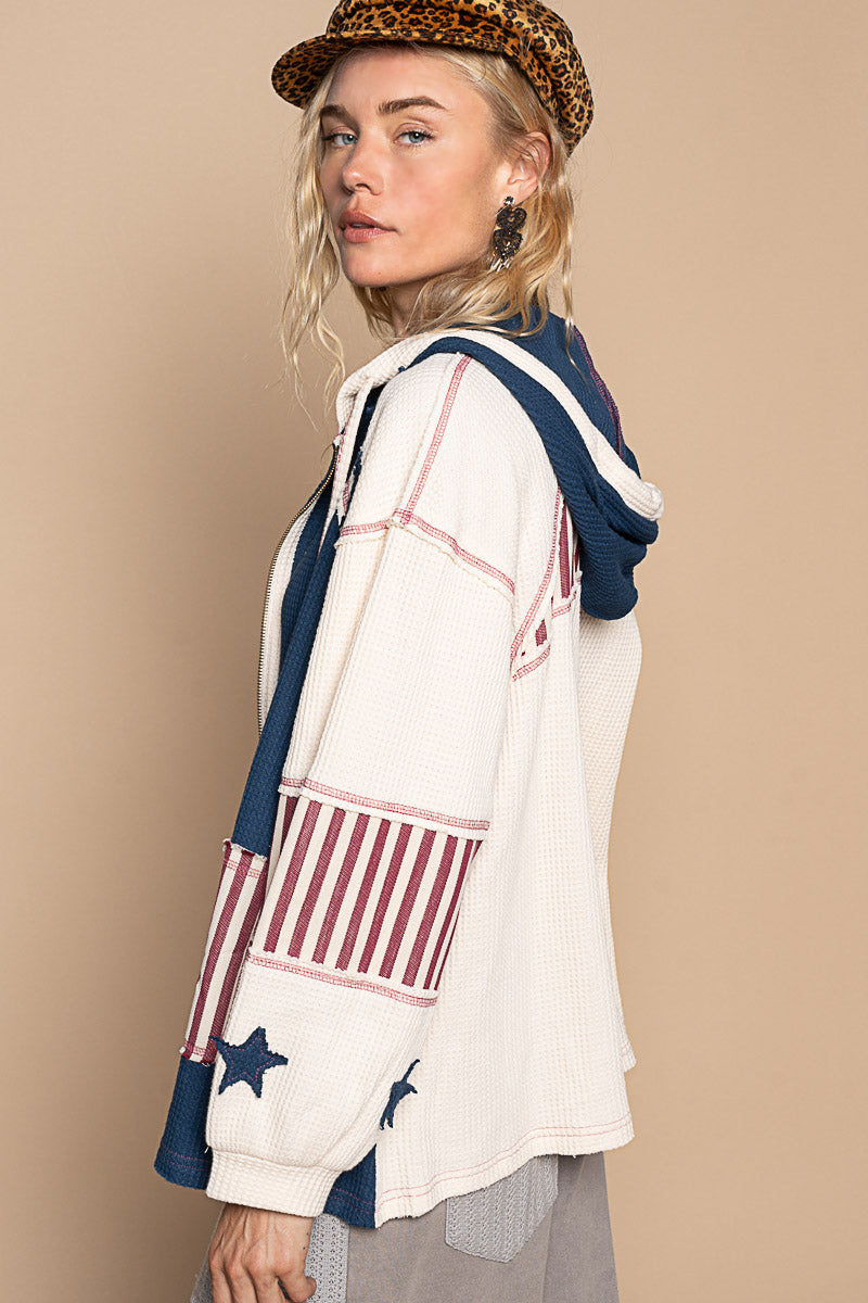 American Woman Contrast Stitched Stars + Stripes Zip Up