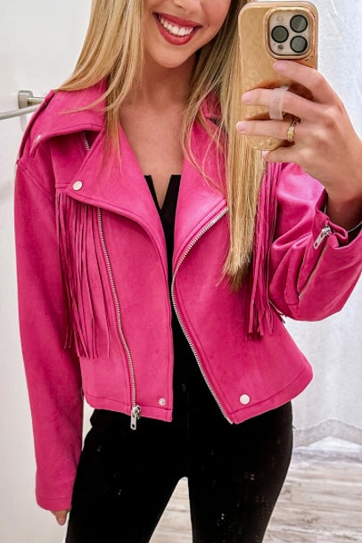 90210 Hot Pink Retro Vegan Suede Moto Jacket with Fringe