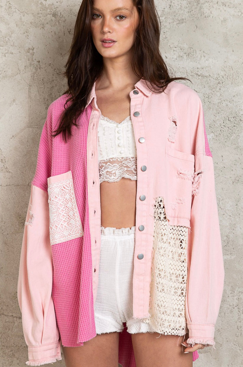 Pretty in Pink Denim + Waffle Knit & Lace Patchwork Button Down Shirt