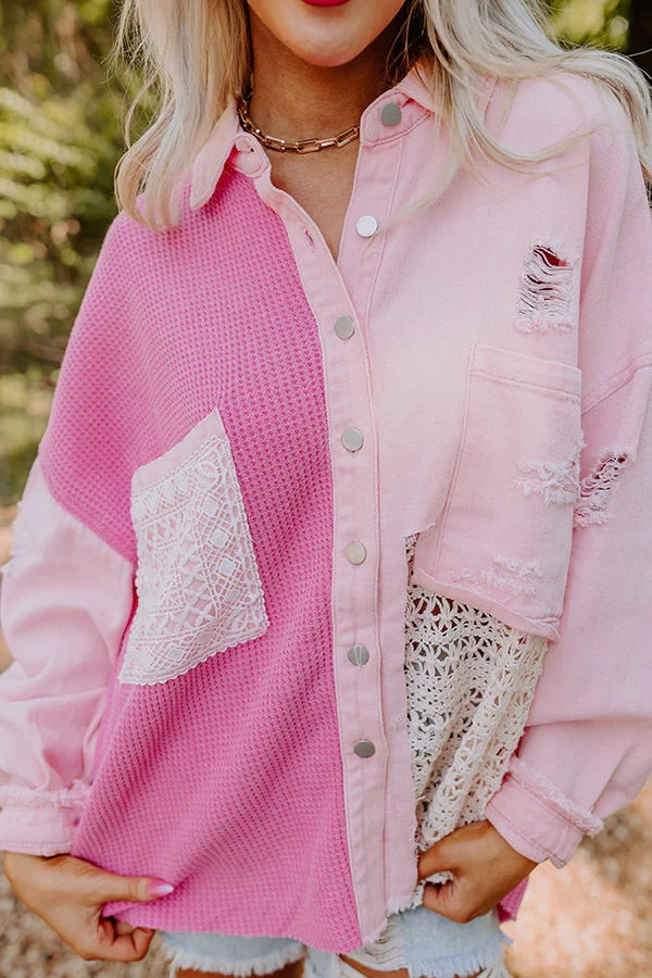 Pretty in Pink Denim + Waffle Knit & Lace Patchwork Button Down Shirt