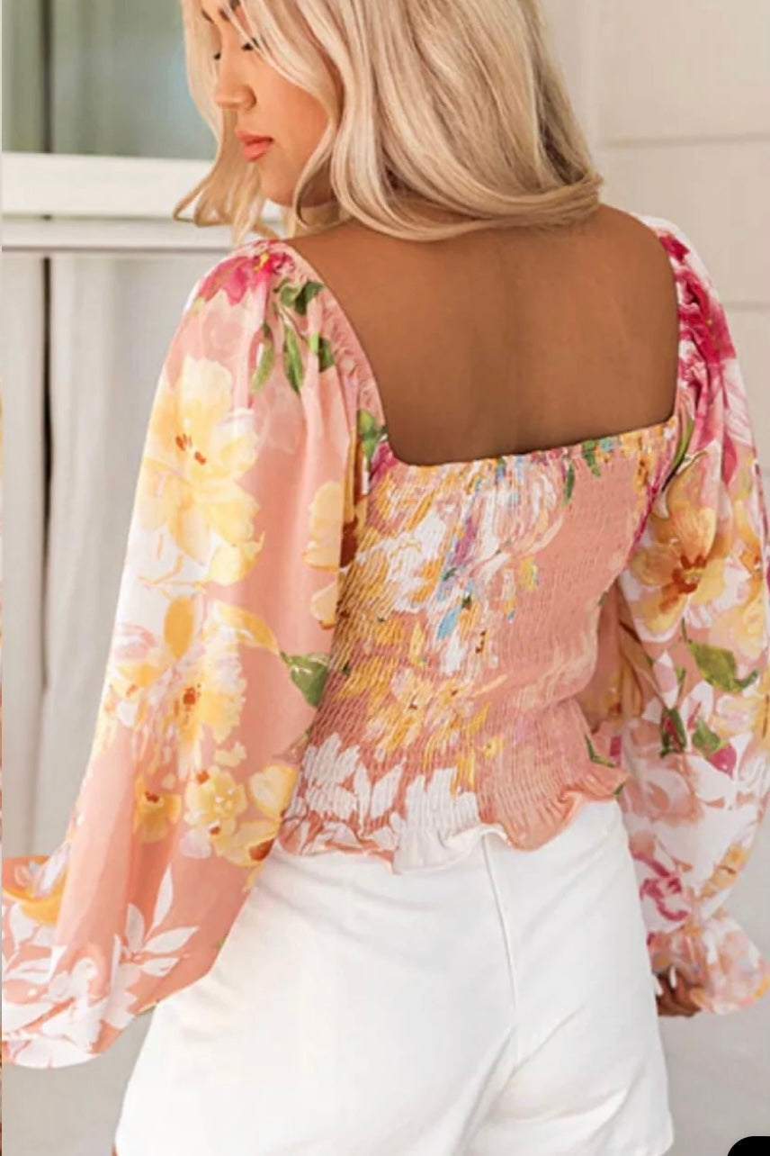 Bali Floral Smocked Bubble Sleeve Top